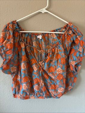 Sundry Teal & Orange Floral Off-Shoulder Tie-Front Crop Top